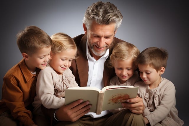 Man and kids reading book