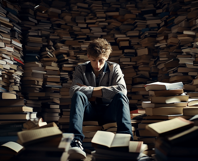 information overload boy with lot of books